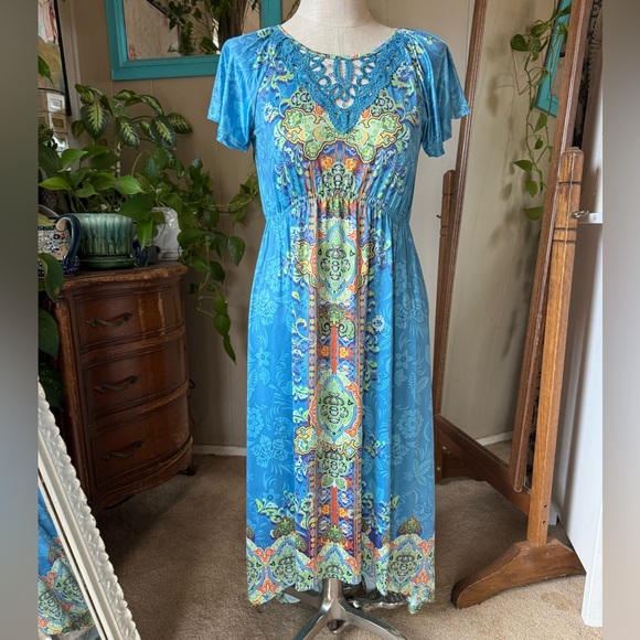 ONE WORLD Vibrant Blue and Orange Boho Maxi Dress, size M - Picture 1 of 9